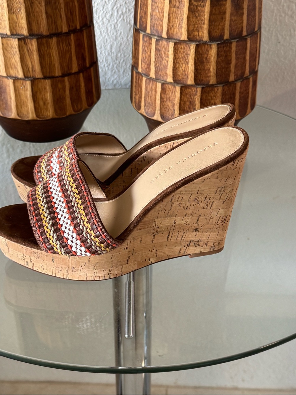 Veronica Beard Brown Woven Cork Platform Sandals with Multicolor Stripes - Picture 4 of 5